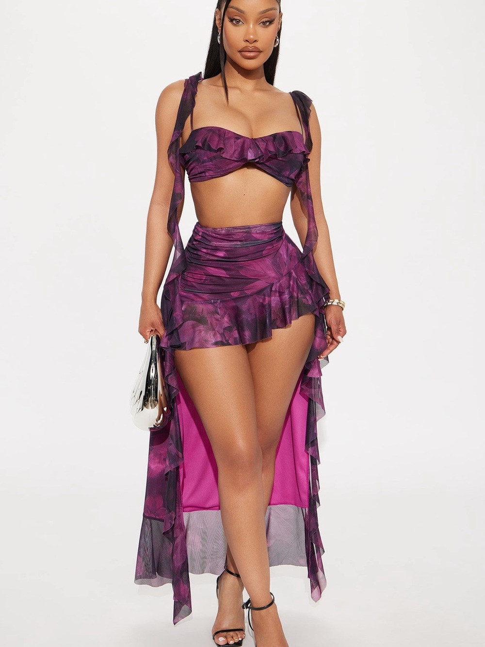 Fashion Nova Purple Floral High-Low Ruffle Skirt